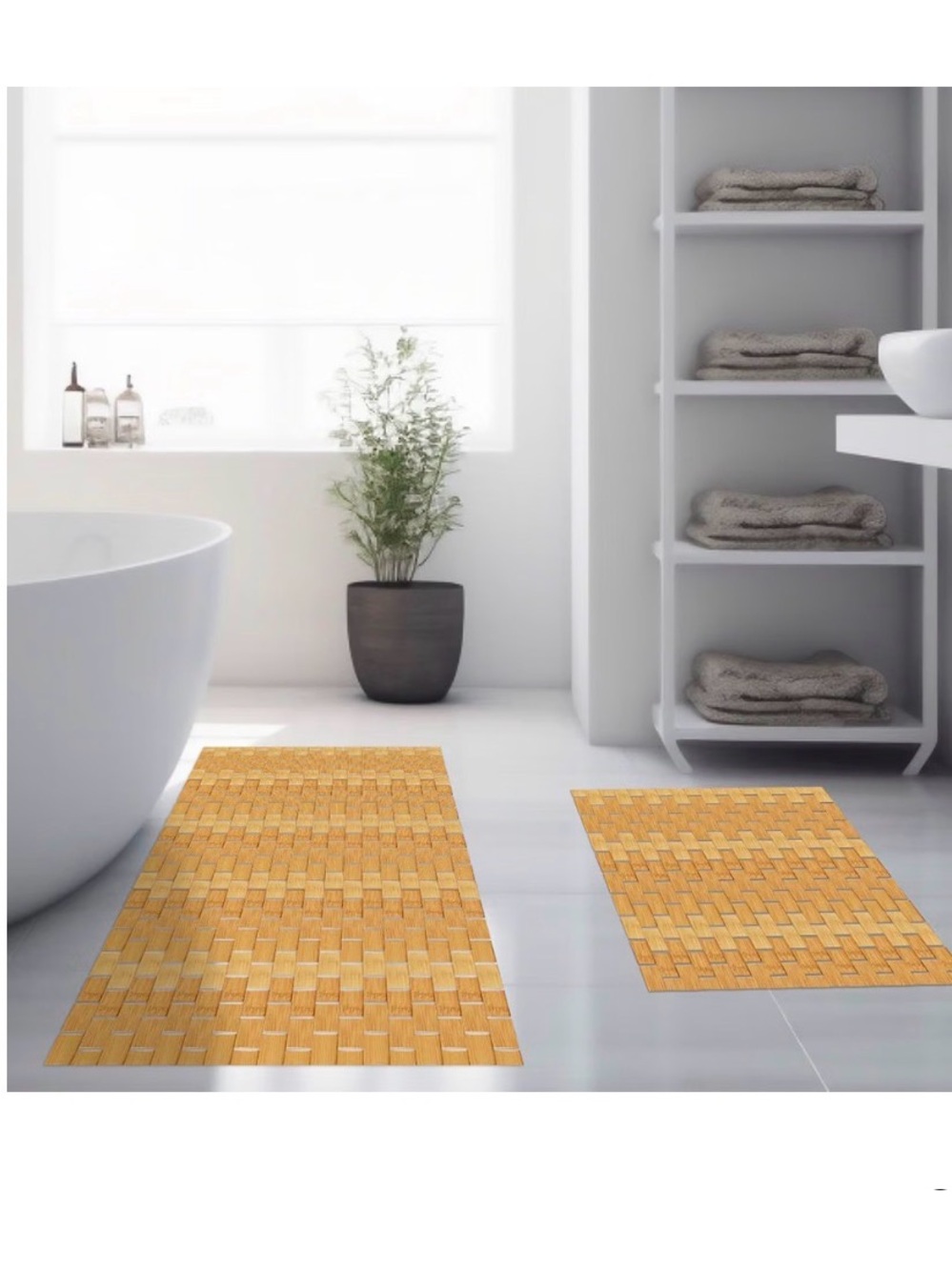 Bamboo Bath Mat Set - Natural Brown Wooden Non-Slip Bath Rugs (2 Pc)